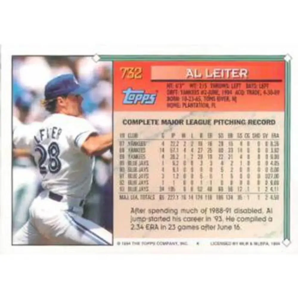 1994 Topps Al Leiter # 732 Toronto Blue Jays
